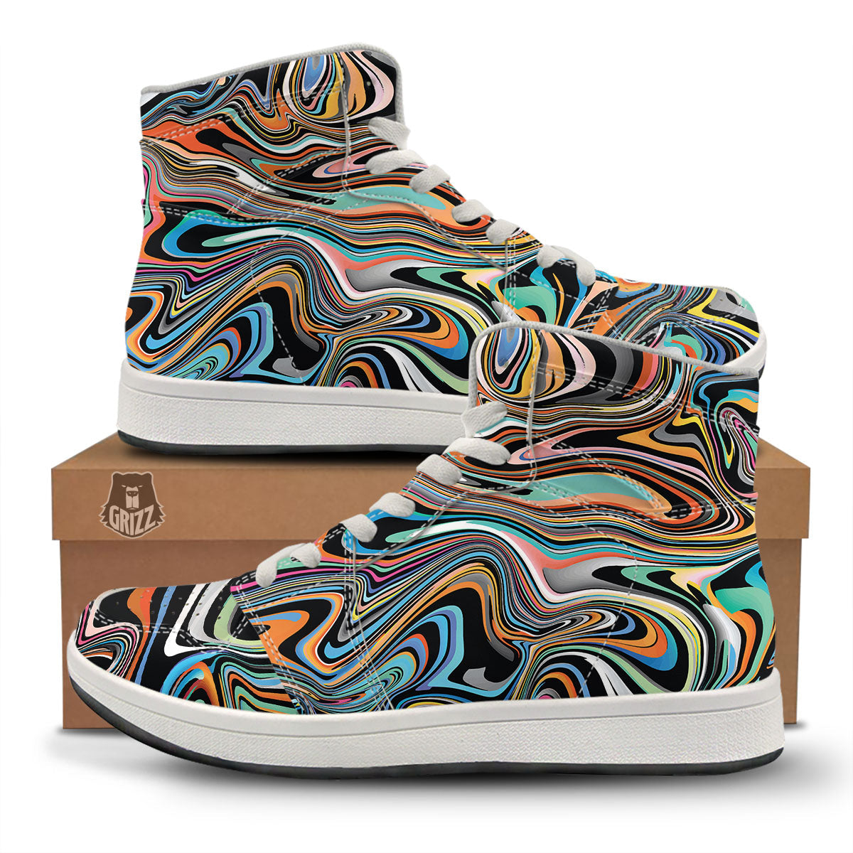 Wavy Psychedelic Print Pattern High Top Sneakers-grizzshop