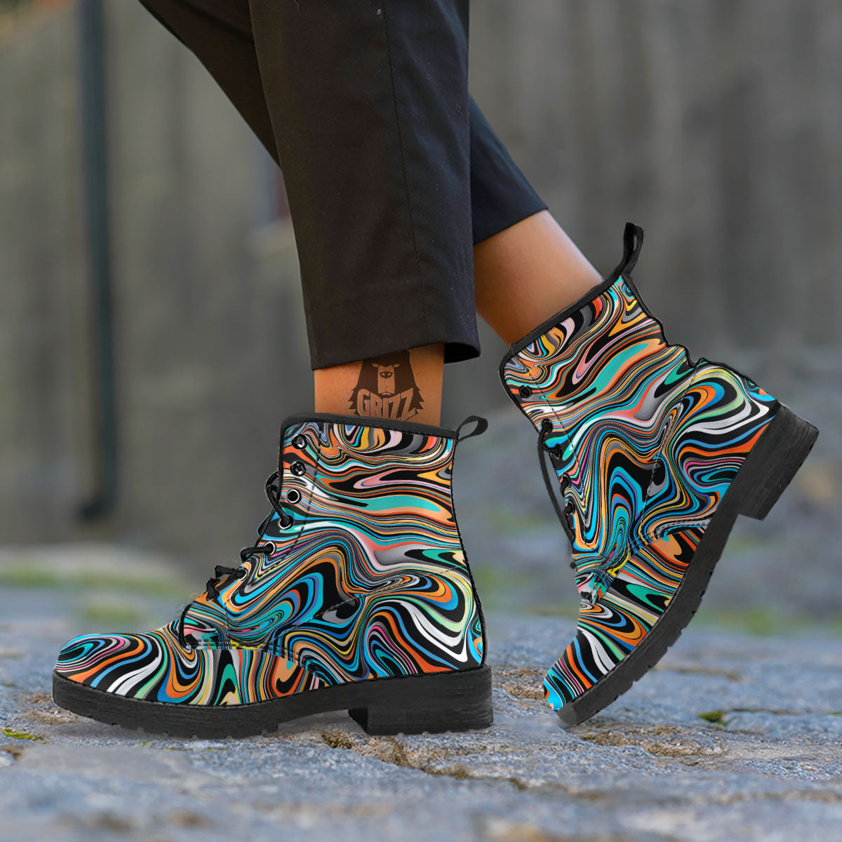 Wavy Psychedelic Print Pattern Leather Boots-grizzshop