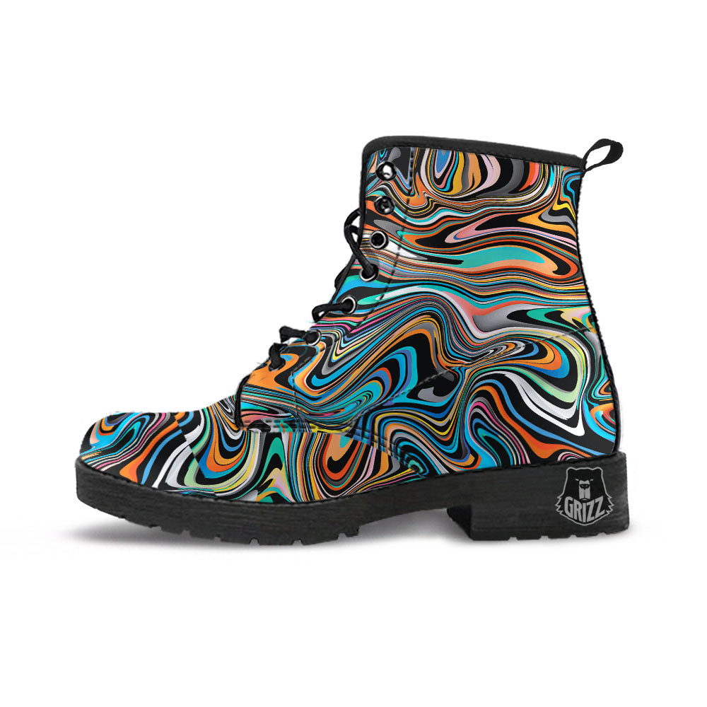 Wavy Psychedelic Print Pattern Leather Boots-grizzshop