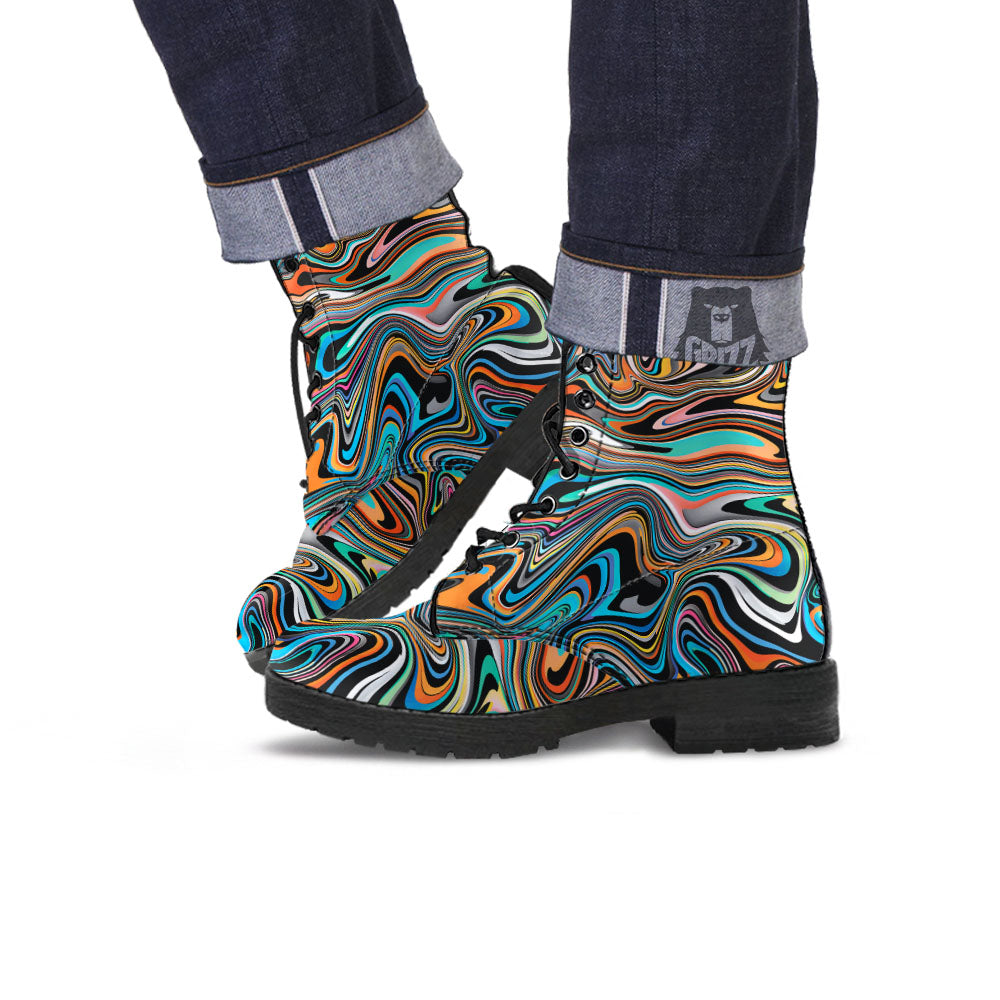 Wavy Psychedelic Print Pattern Leather Boots-grizzshop