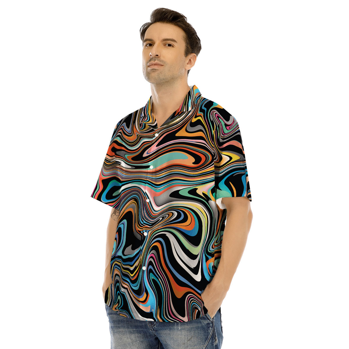 Wavy Psychedelic Print Pattern Men's Hawaiian Shirt-grizzshop