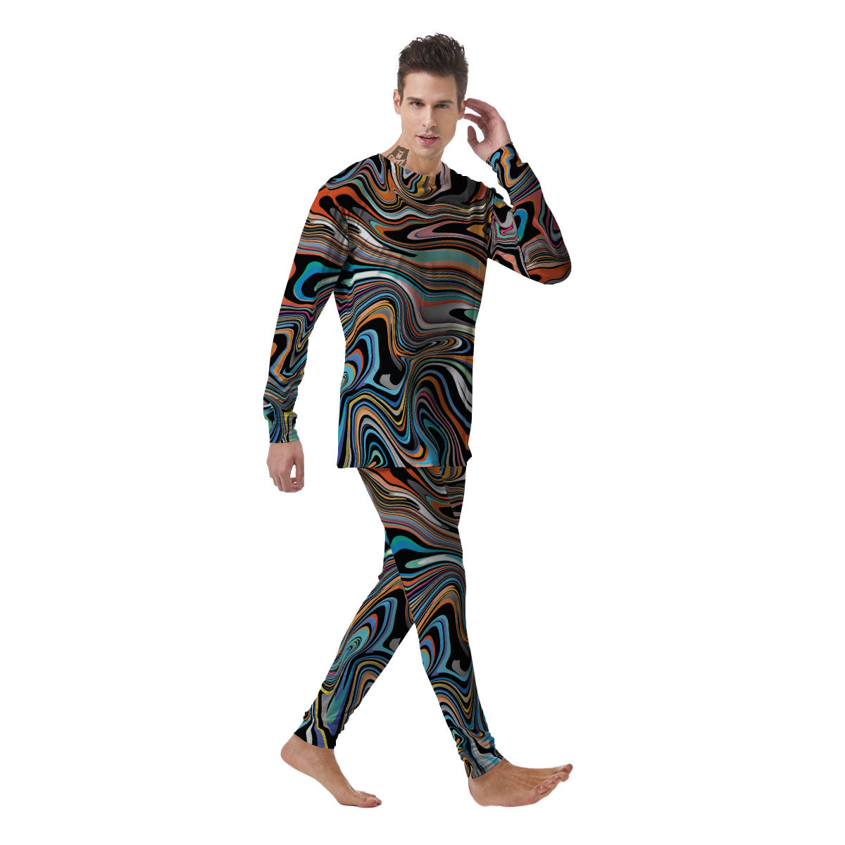 Wavy Psychedelic Print Pattern Men's Pajamas-grizzshop