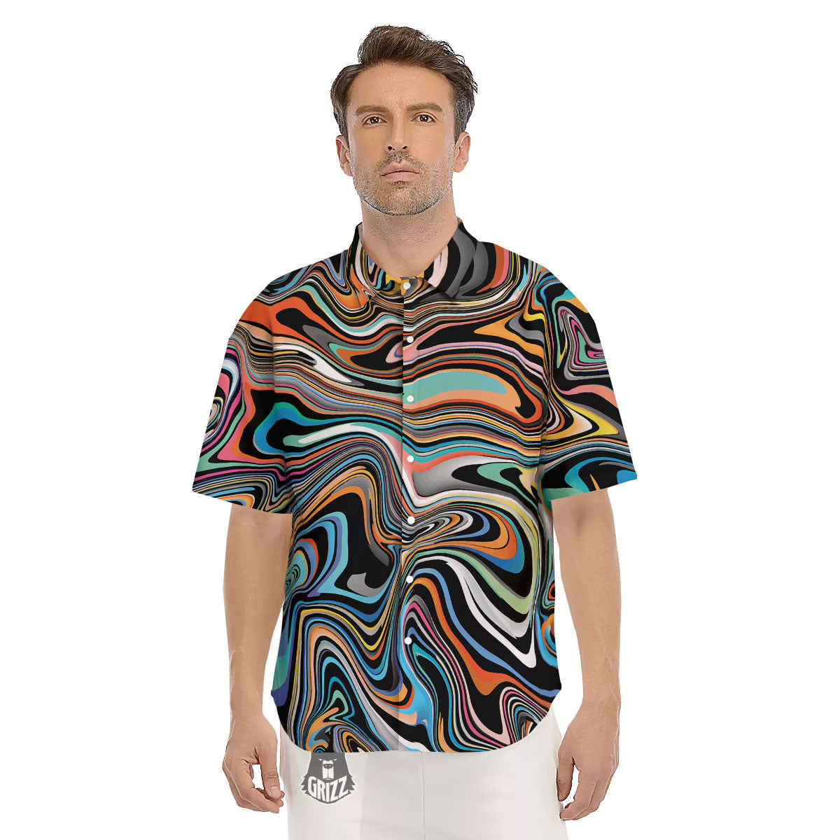 Wavy Psychedelic Print Pattern Men's Short Sleeve Shirts-grizzshop