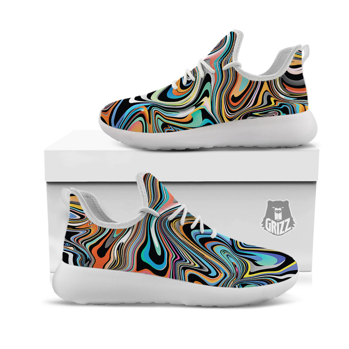 Wavy Psychedelic Print Pattern White Athletic Shoes-grizzshop
