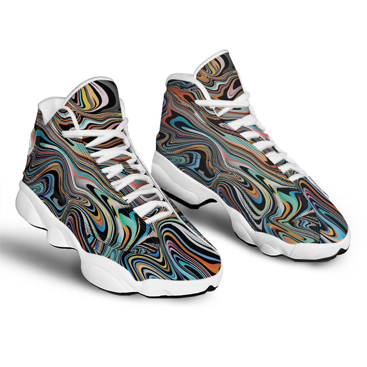 Wavy Psychedelic Print Pattern White Basketball Shoes-grizzshop