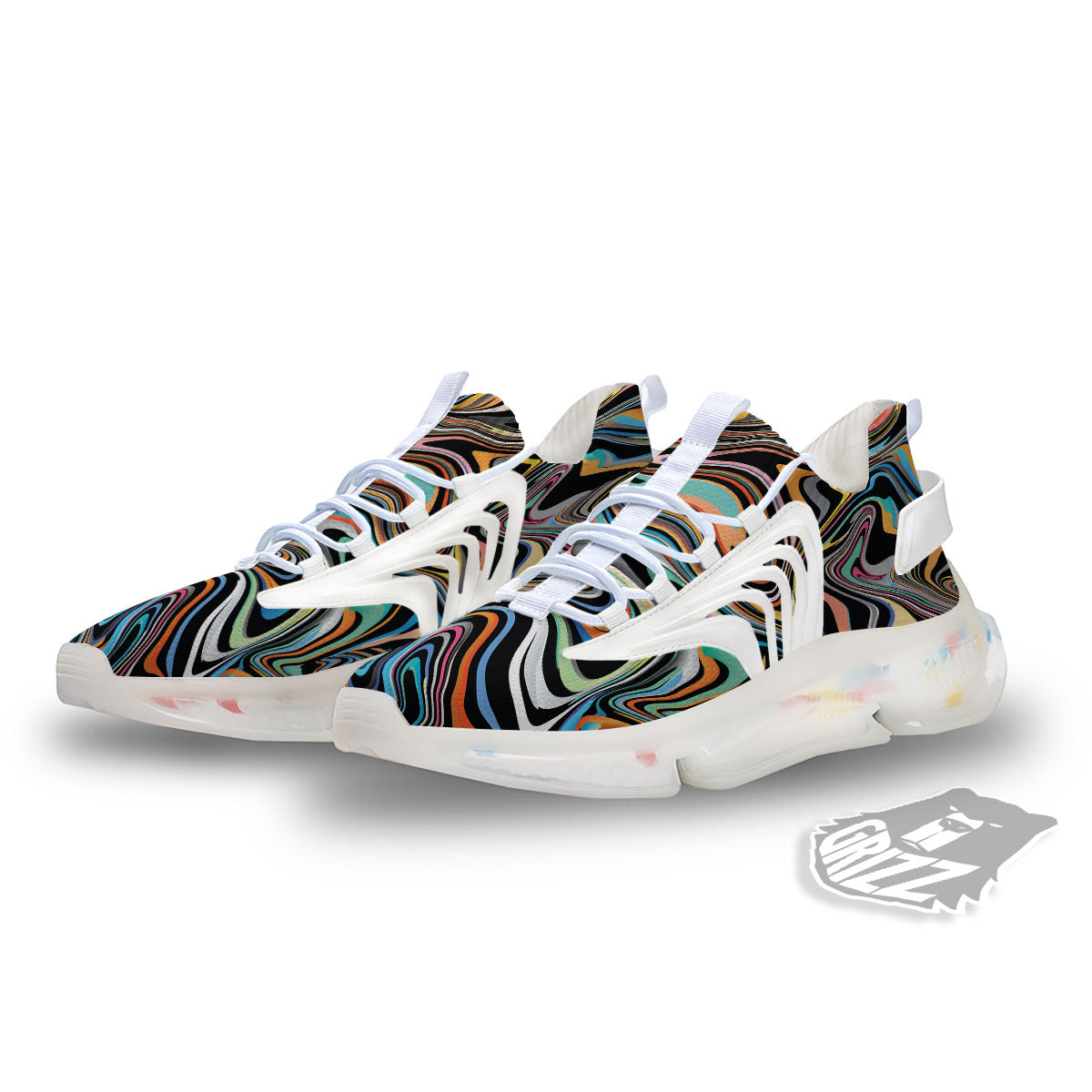 Wavy Psychedelic Print Pattern White Gym Shoes-grizzshop