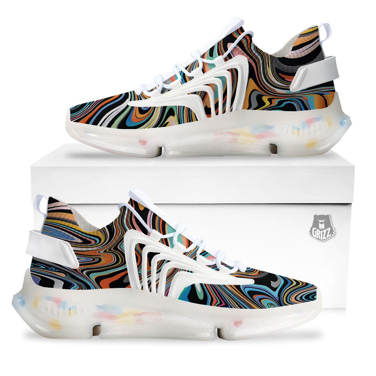 Wavy Psychedelic Print Pattern White Gym Shoes-grizzshop