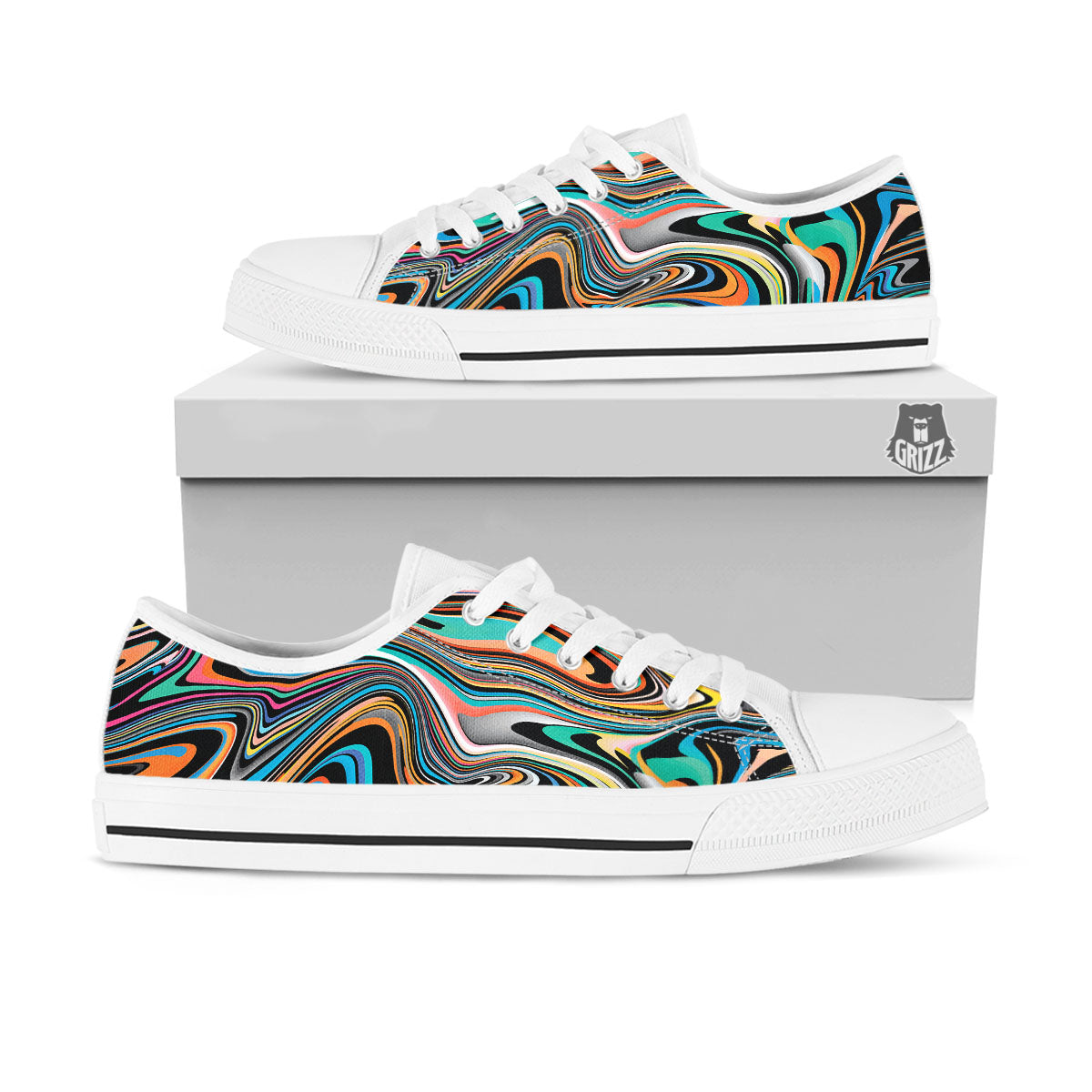 Wavy Psychedelic Print Pattern White Low Top Shoes-grizzshop