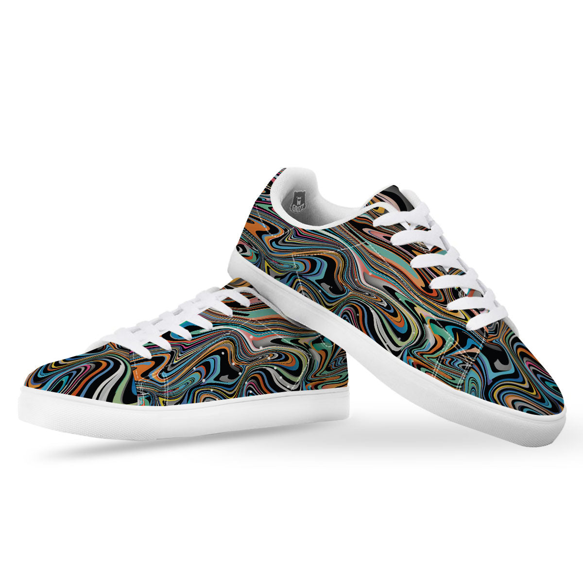 Wavy Psychedelic Print Pattern White Low Top Sneakers-grizzshop