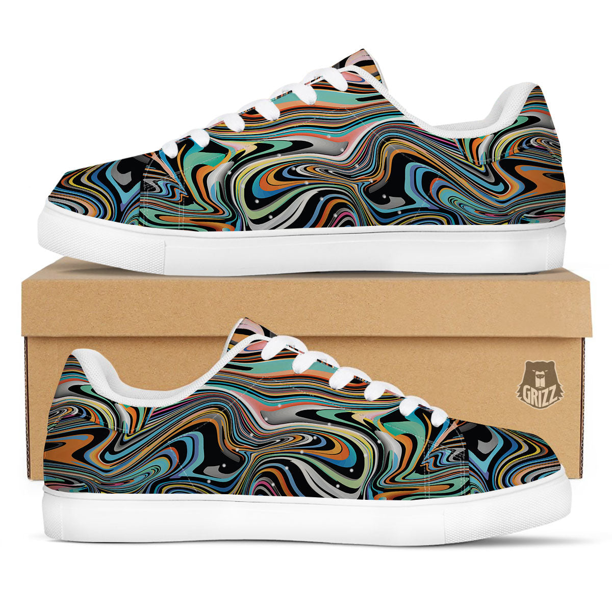 Wavy Psychedelic Print Pattern White Low Top Sneakers-grizzshop