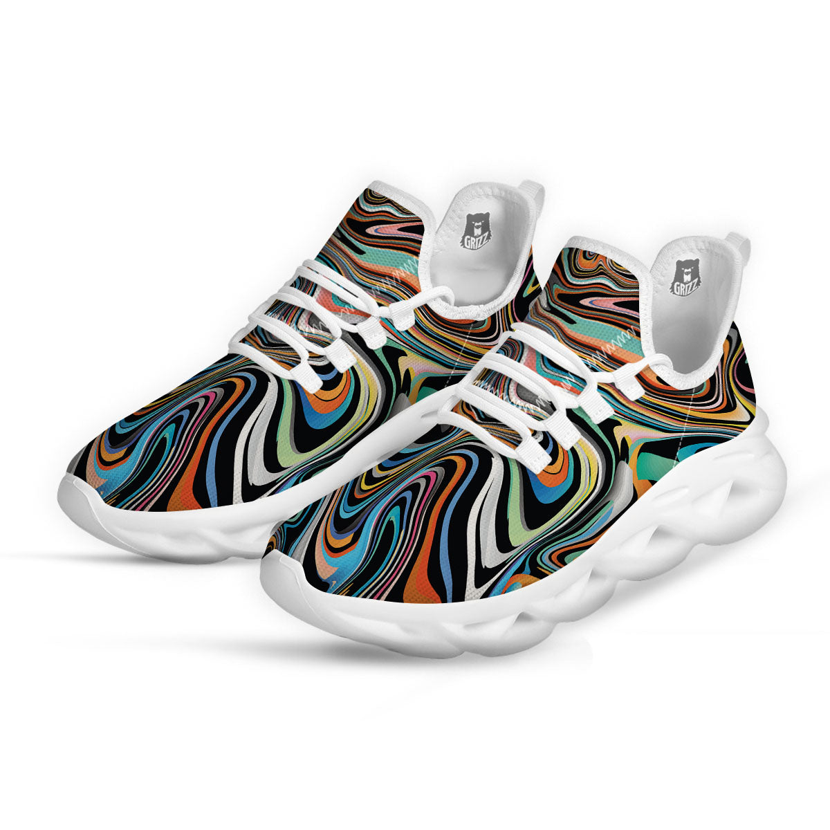 Wavy Psychedelic Print Pattern White Running Shoes-grizzshop
