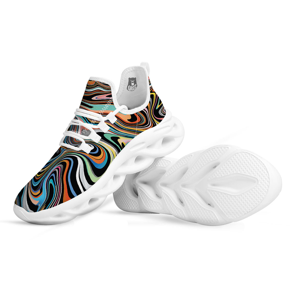 Wavy Psychedelic Print Pattern White Running Shoes-grizzshop