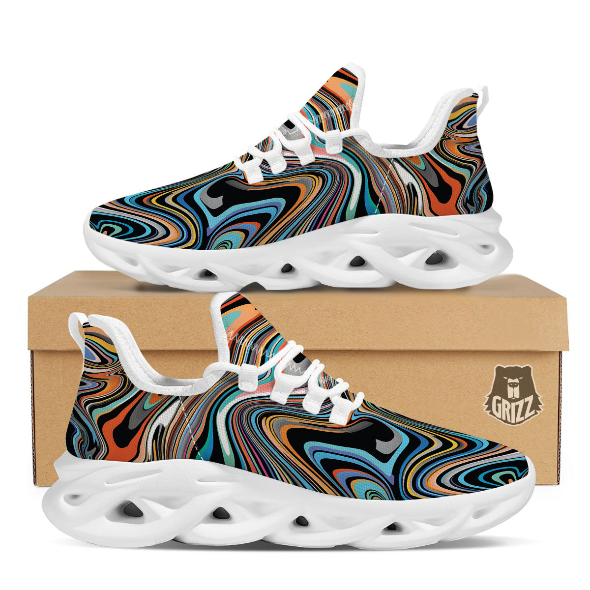 Wavy Psychedelic Print Pattern White Running Shoes-grizzshop