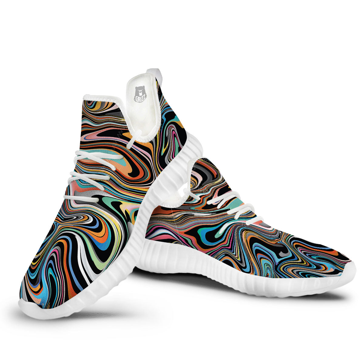 Wavy Psychedelic Print Pattern White Walking Shoes-grizzshop