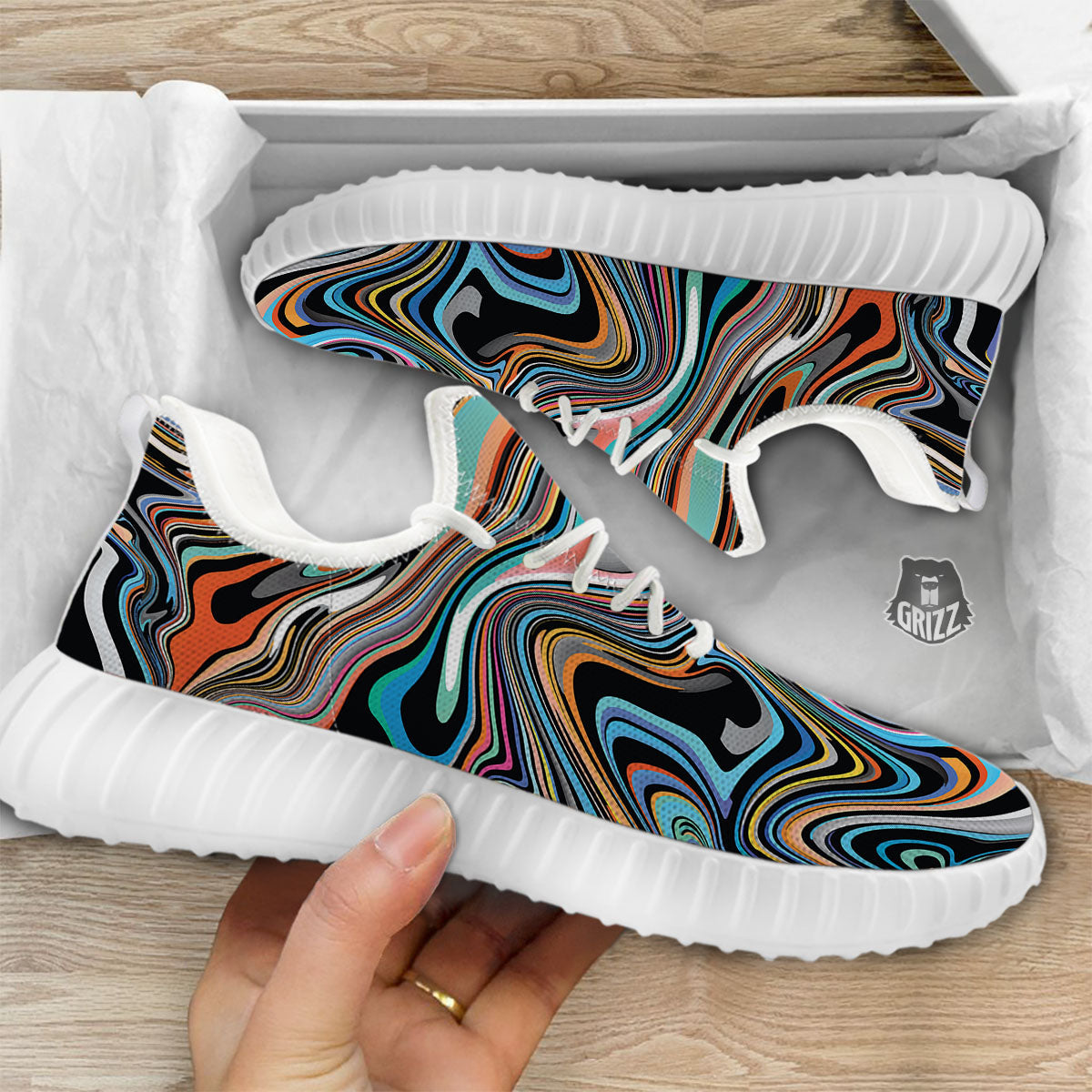 Wavy Psychedelic Print Pattern White Walking Shoes-grizzshop