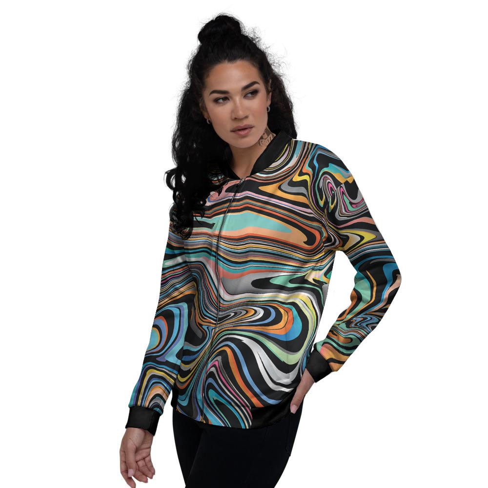 Wavy Psychedelic Print Pattern Women's Bomber Jacket-grizzshop