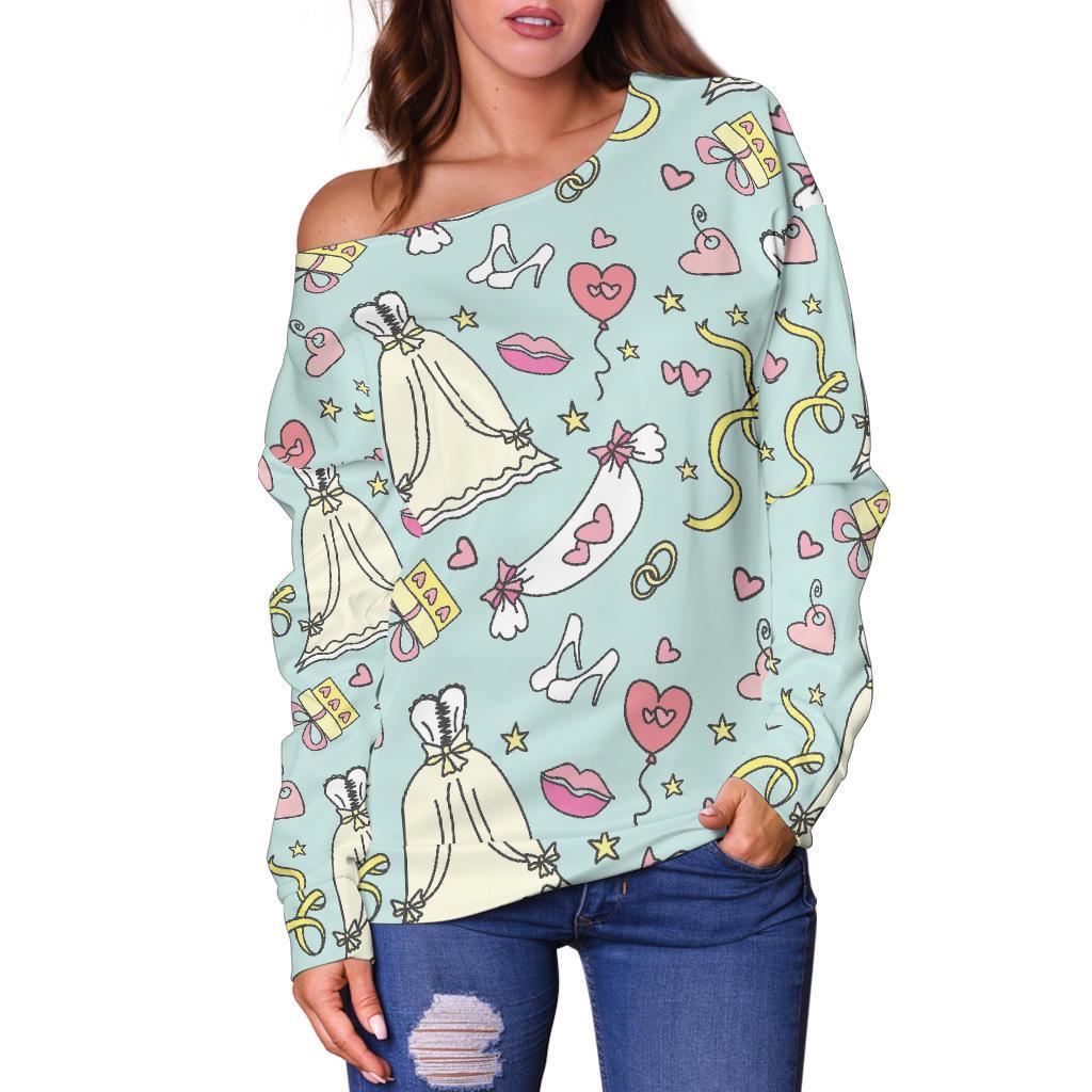 Wedding Pastel Pattern Print Women Off Shoulder Sweatshirt-grizzshop