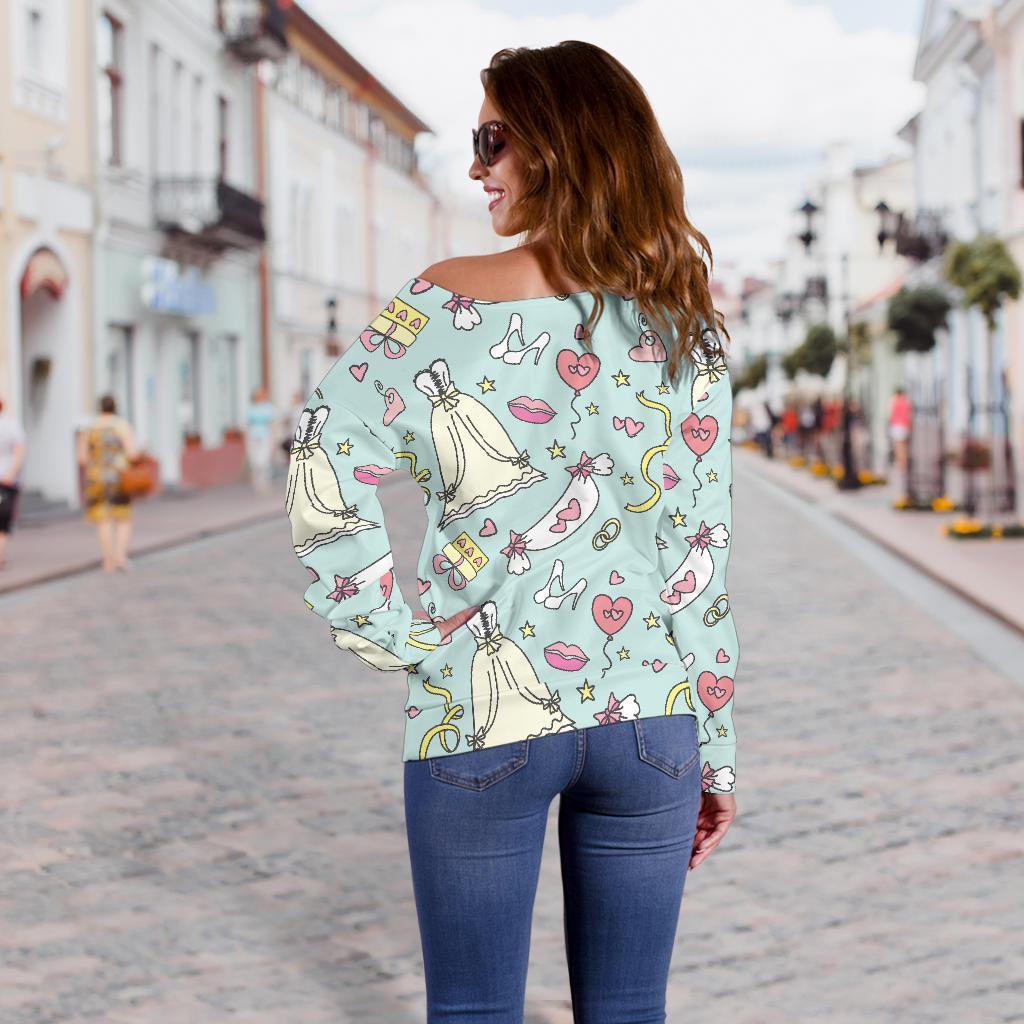 Wedding Pastel Pattern Print Women Off Shoulder Sweatshirt-grizzshop