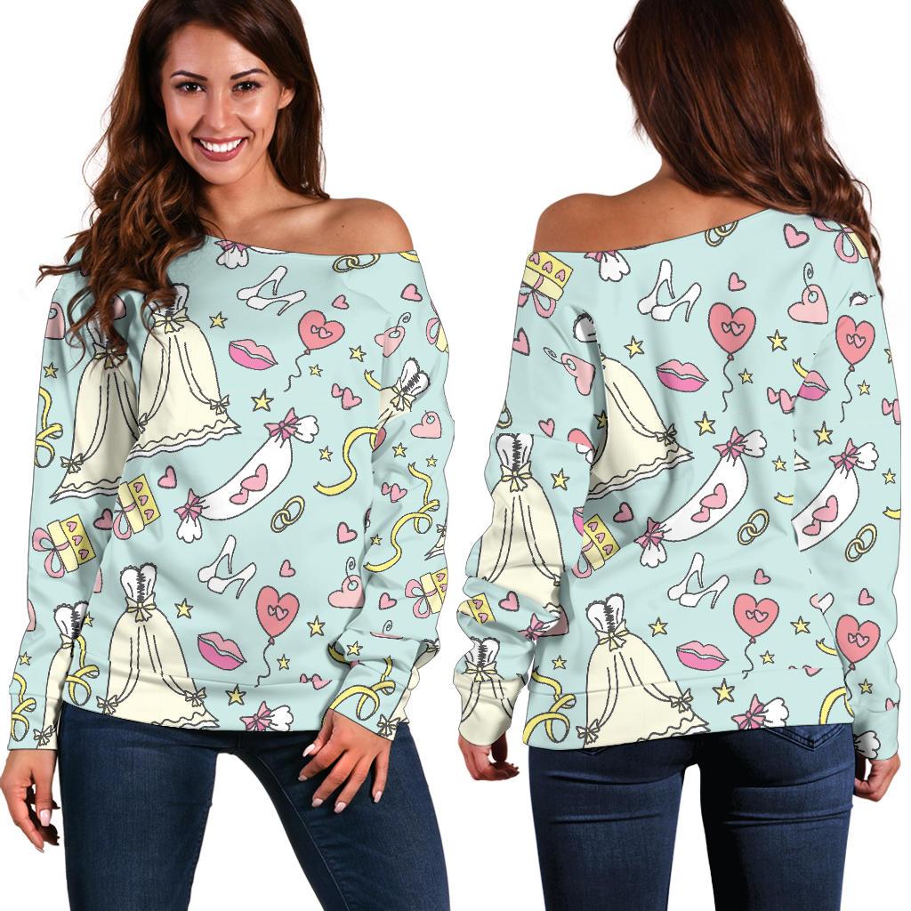 Wedding Pastel Pattern Print Women Off Shoulder Sweatshirt-grizzshop