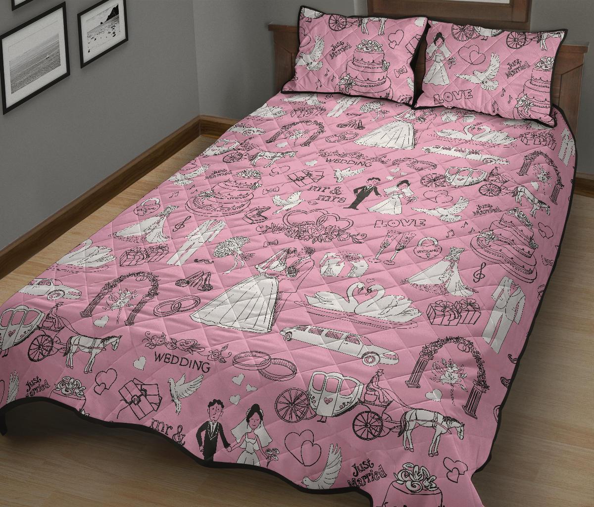 Wedding Pink Pattern Print Bed Set Quilt-grizzshop
