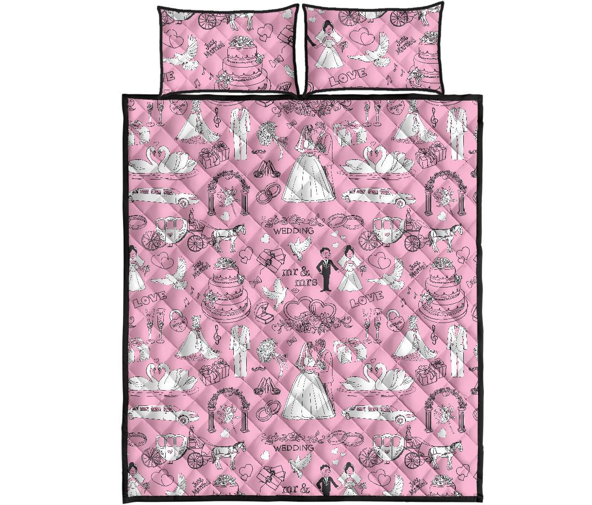 Wedding Pink Pattern Print Bed Set Quilt-grizzshop