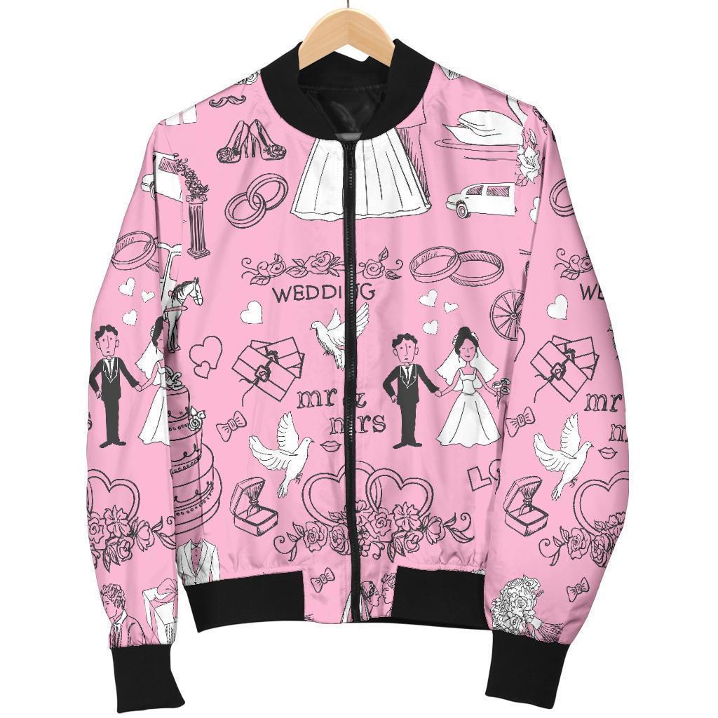 Wedding Pink Pattern Print Women Casual Bomber Jacket-grizzshop