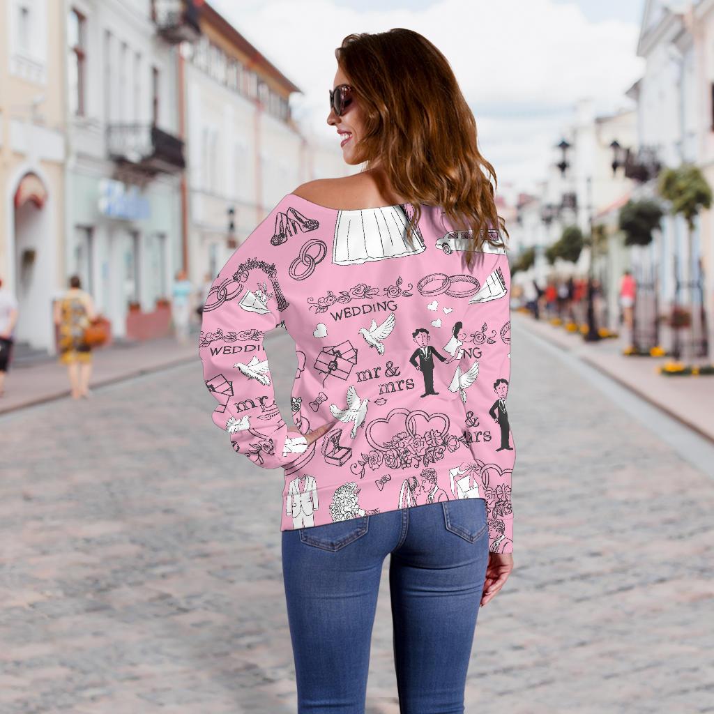 Wedding Pink Pattern Print Women Off Shoulder Sweatshirt-grizzshop