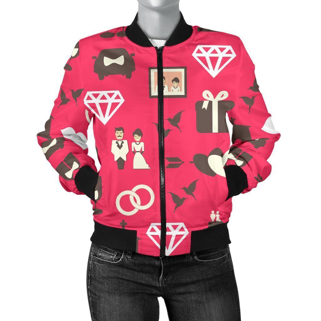 Wedding Pink Print Pattern Women Casual Bomber Jacket-grizzshop