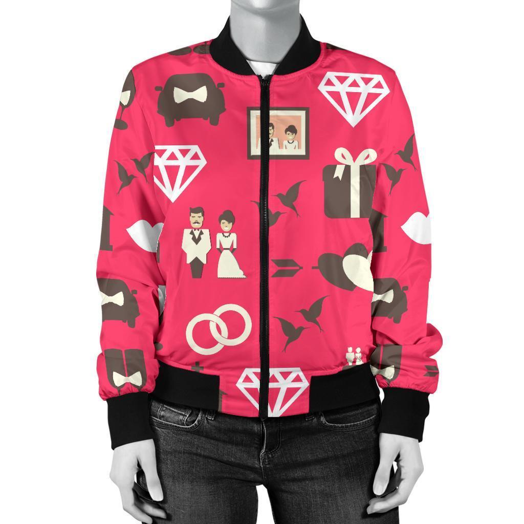 Wedding Pink Print Pattern Women Casual Bomber Jacket-grizzshop