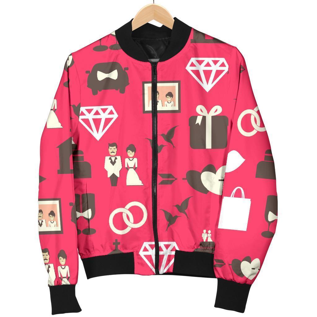 Wedding Pink Print Pattern Women Casual Bomber Jacket-grizzshop