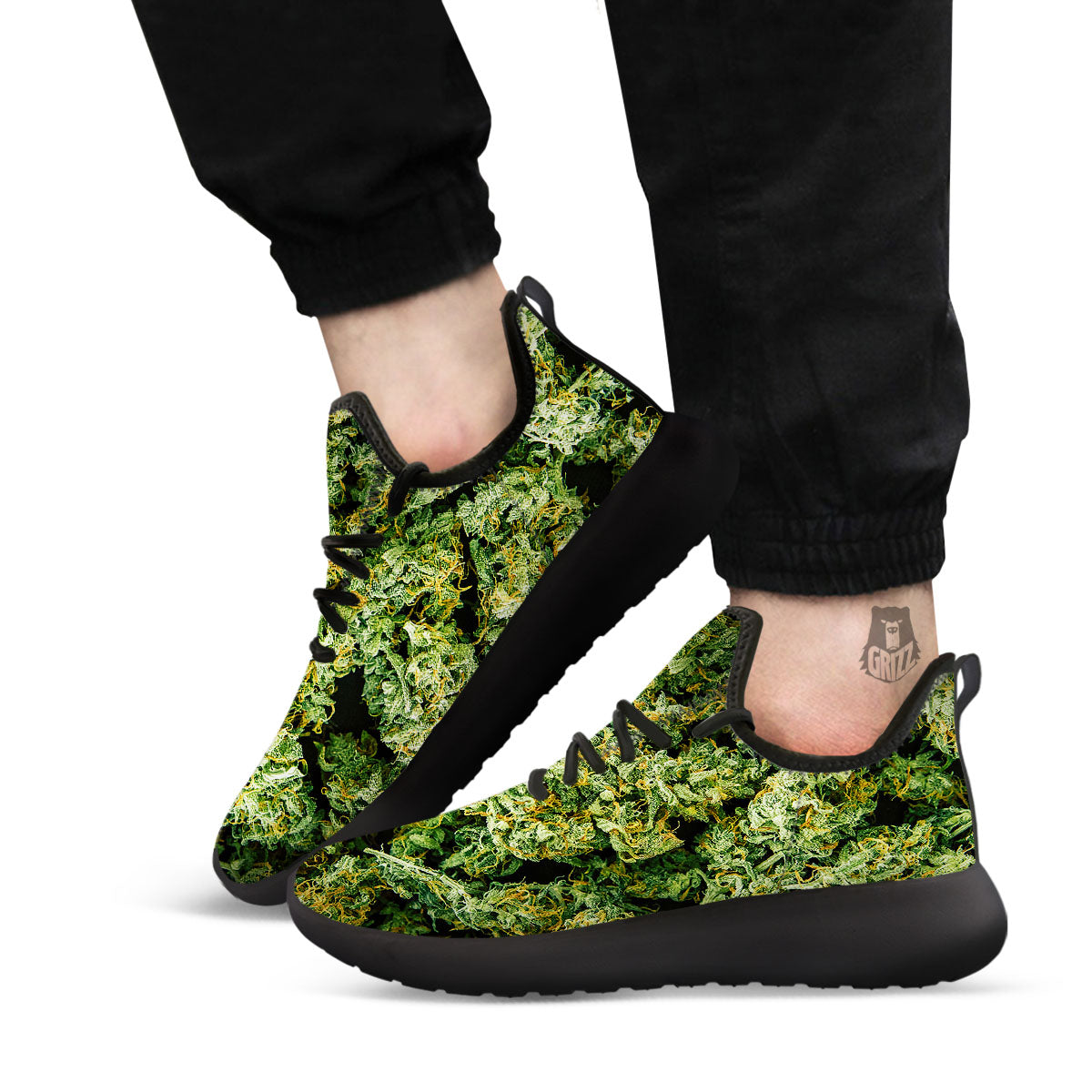 Weed Green Print Black Athletic Shoes-grizzshop