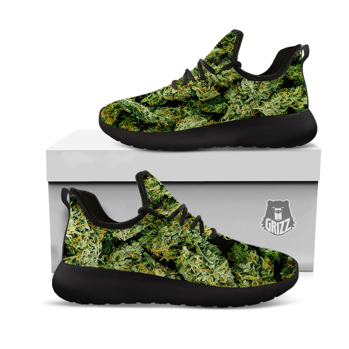 Weed Green Print Black Athletic Shoes-grizzshop