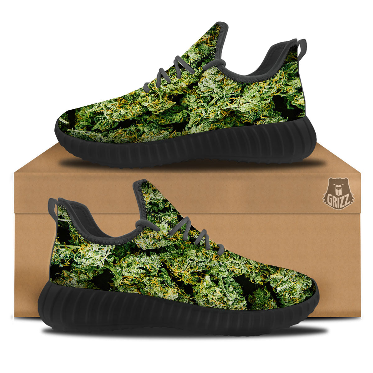 Weed Green Print Black Walking Shoes-grizzshop