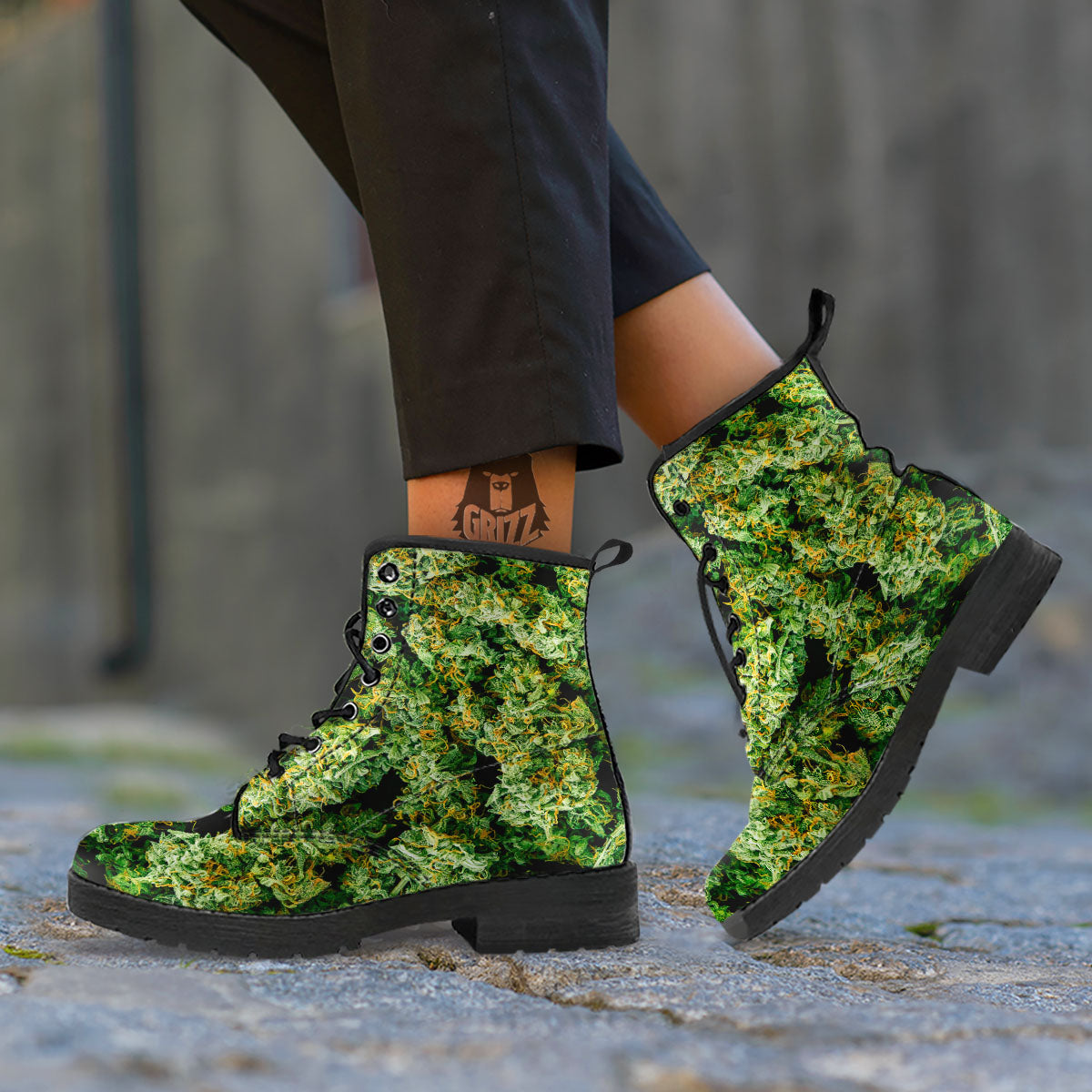 Weed Green Print Leather Boots-grizzshop