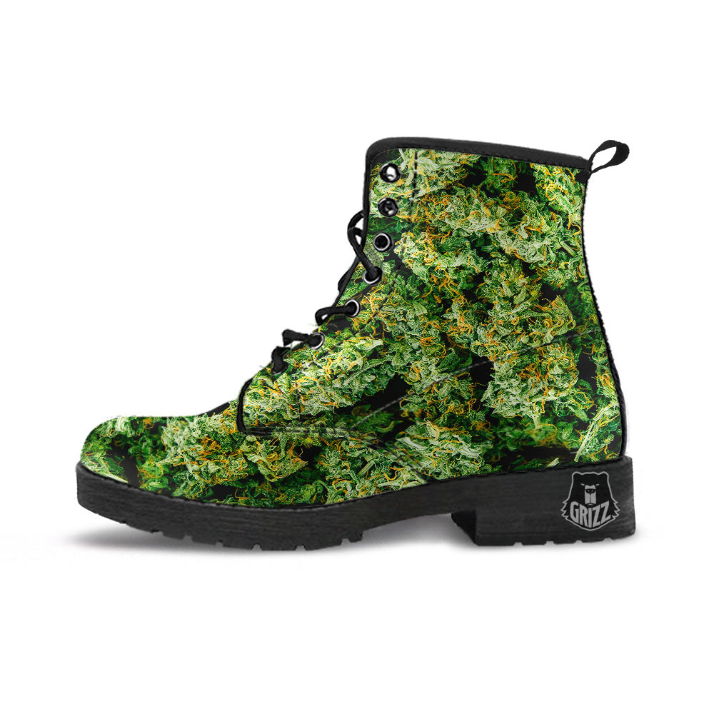 Weed Green Print Leather Boots-grizzshop