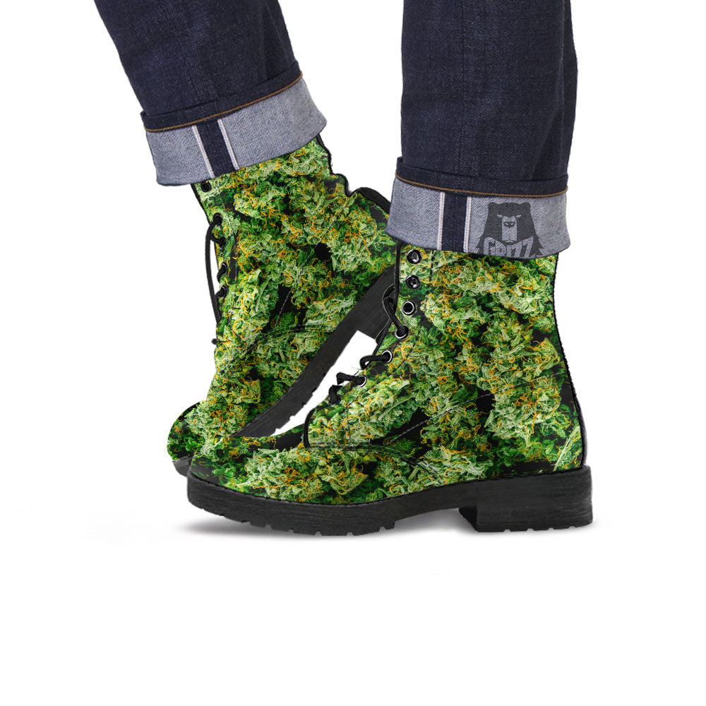 Weed Green Print Leather Boots-grizzshop