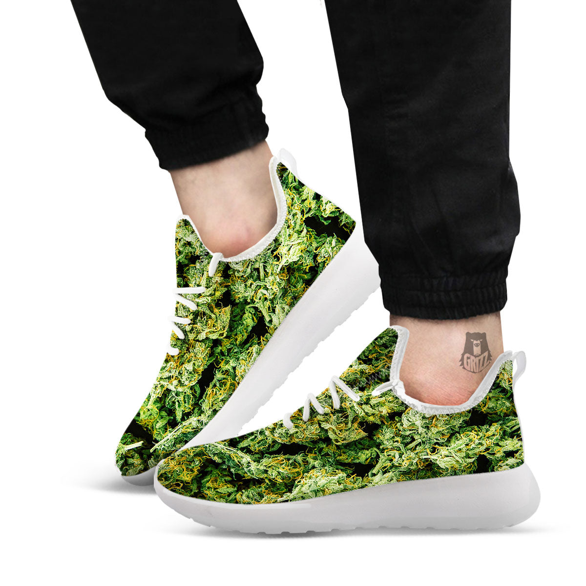 Weed Green Print White Athletic Shoes-grizzshop