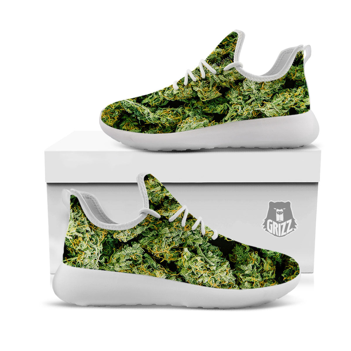 Weed Green Print White Athletic Shoes-grizzshop