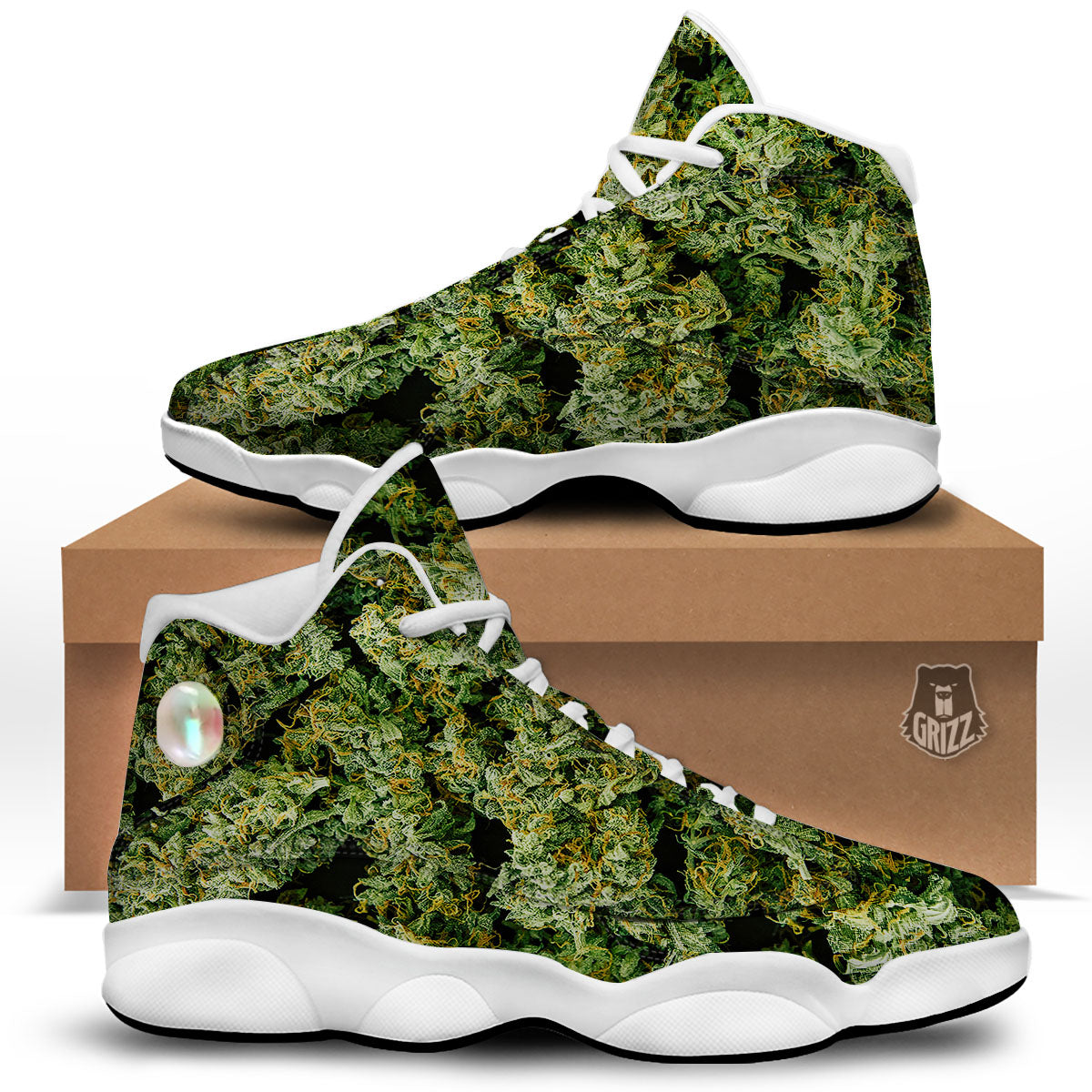 Weed Green Print White Basketball Shoes-grizzshop