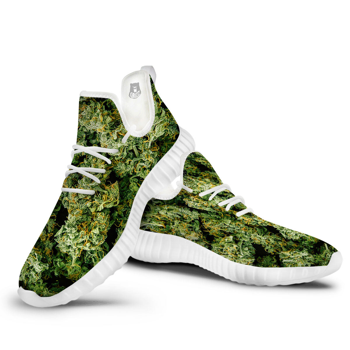 Weed Green Print White Walking Shoes-grizzshop