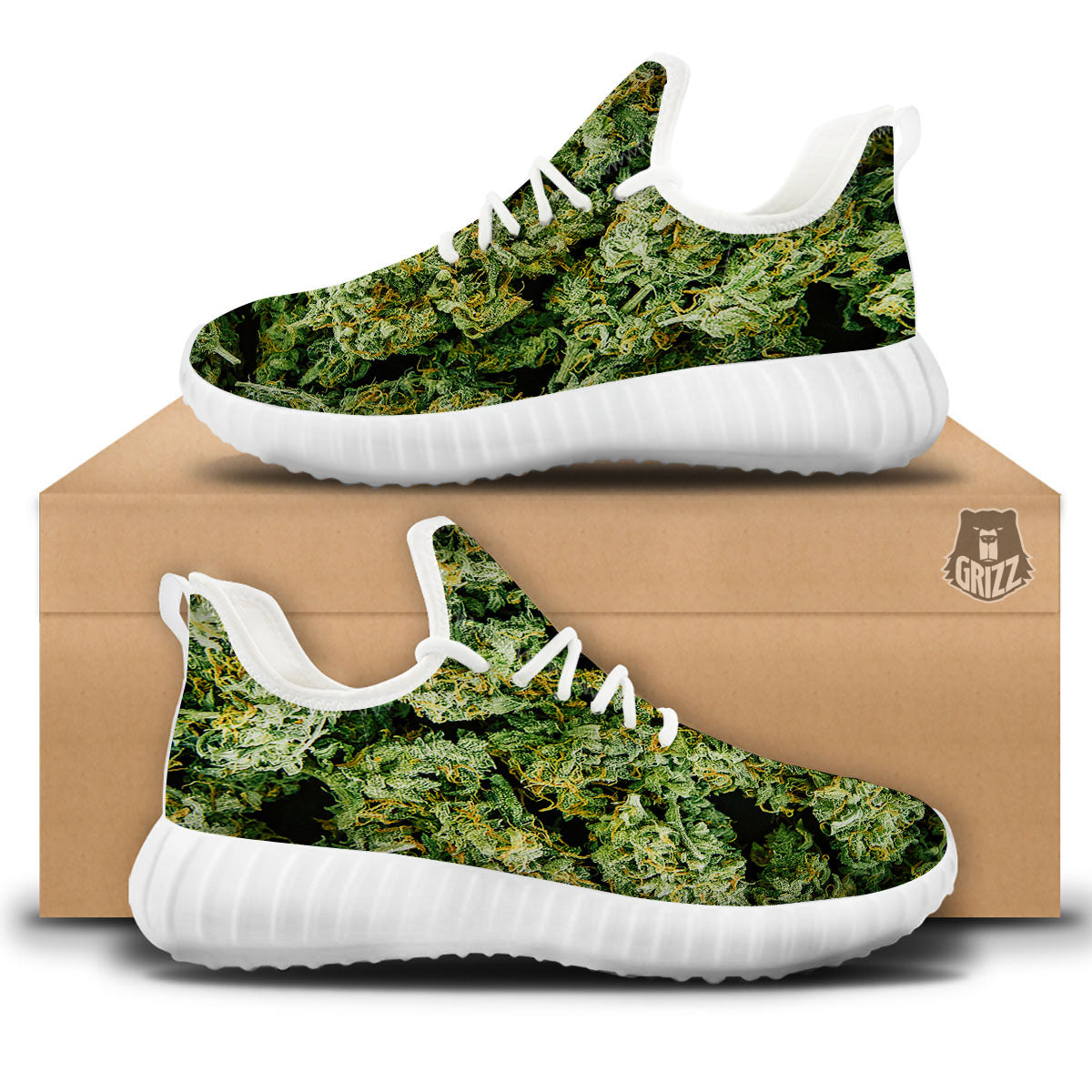 Weed Green Print White Walking Shoes-grizzshop