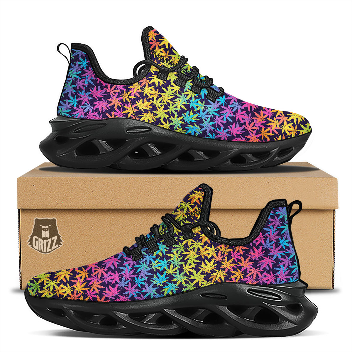 Weed Leaf Colorful Print Pattern Black Running Shoes-grizzshop