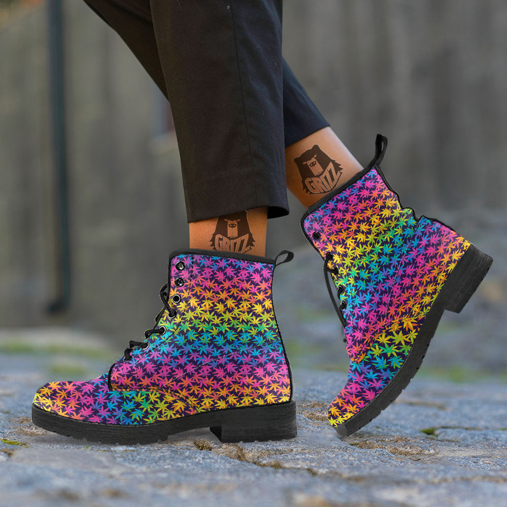 Weed Leaf Colorful Print Pattern Leather Boots-grizzshop