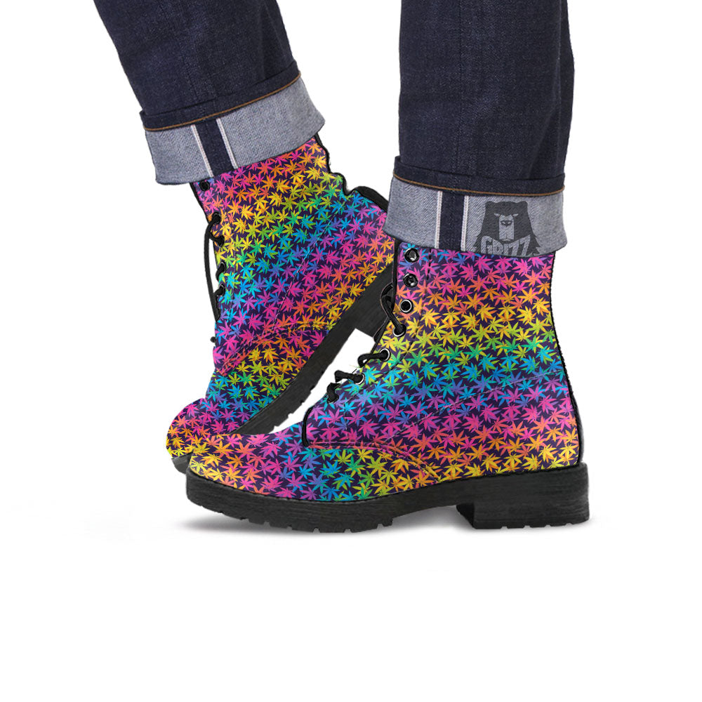 Weed Leaf Colorful Print Pattern Leather Boots-grizzshop