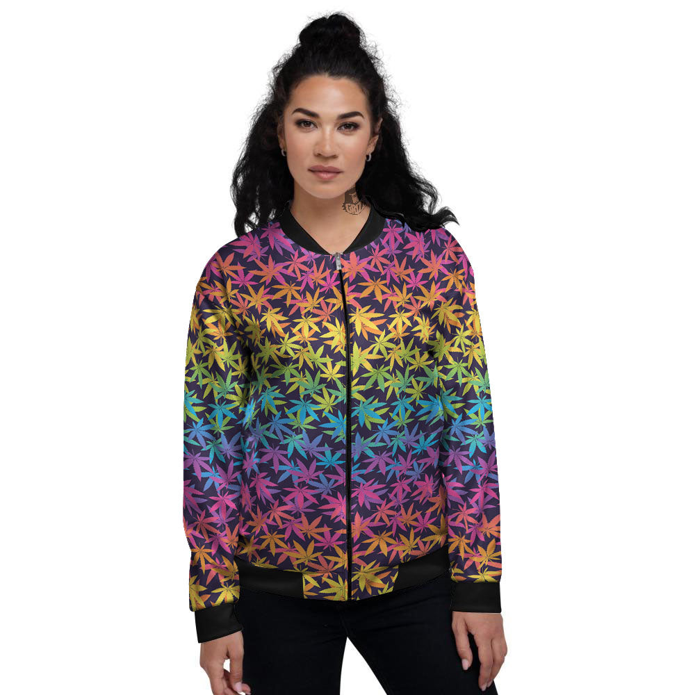Weed Leaf Colorful Print Pattern Women's Bomber Jacket-grizzshop