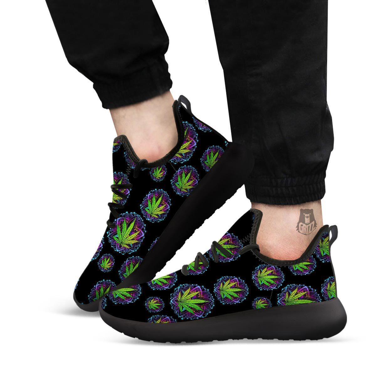 Weed Leaf Trippy Print Pattern Black Athletic Shoes-grizzshop