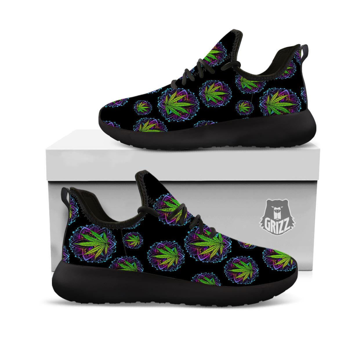 Weed Leaf Trippy Print Pattern Black Athletic Shoes-grizzshop