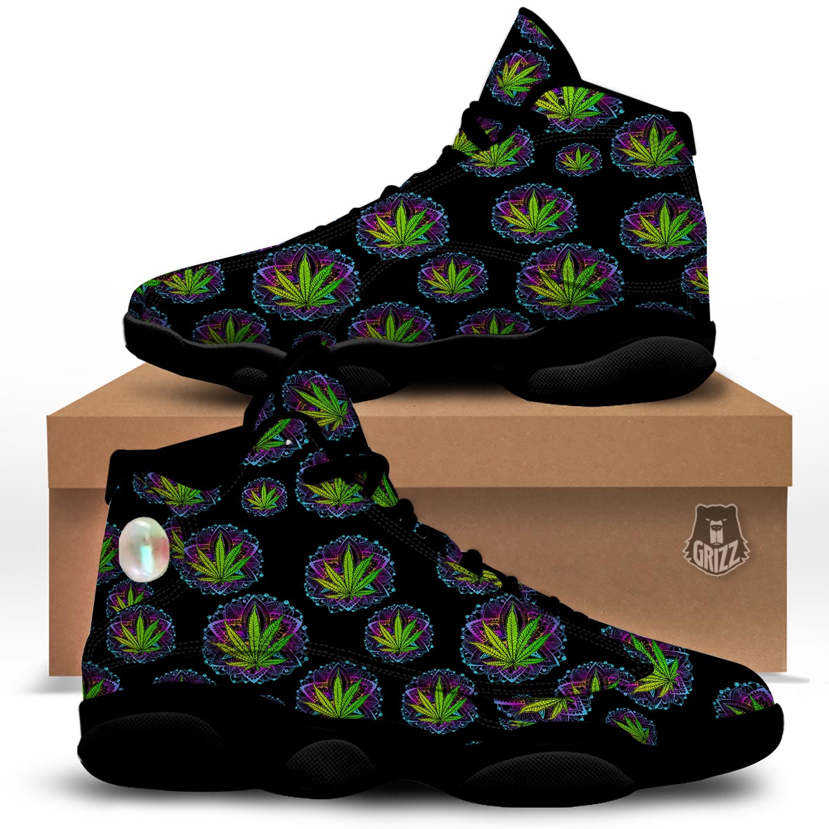 Weed Leaf Trippy Print Pattern Black Basketball Shoes-grizzshop