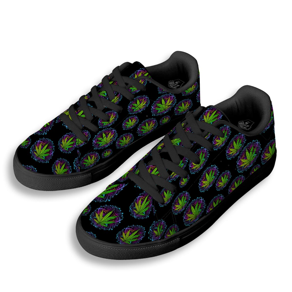 Weed Leaf Trippy Print Pattern Black Low Top Sneakers-grizzshop