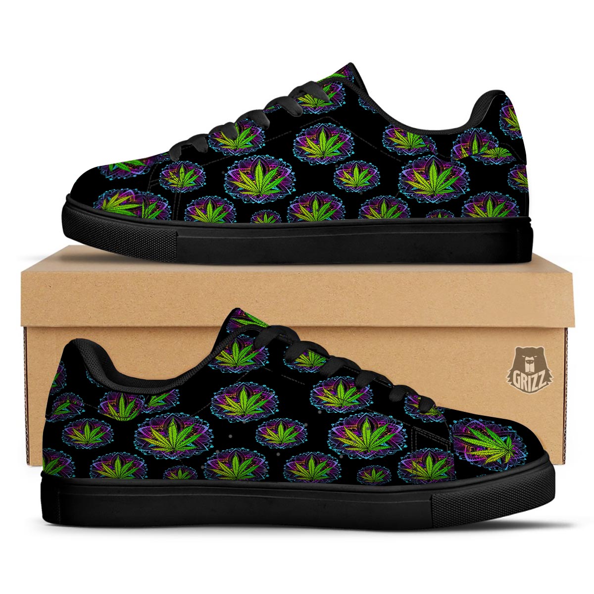 Weed Leaf Trippy Print Pattern Black Low Top Sneakers-grizzshop
